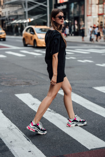 black dress and sneakers outfit