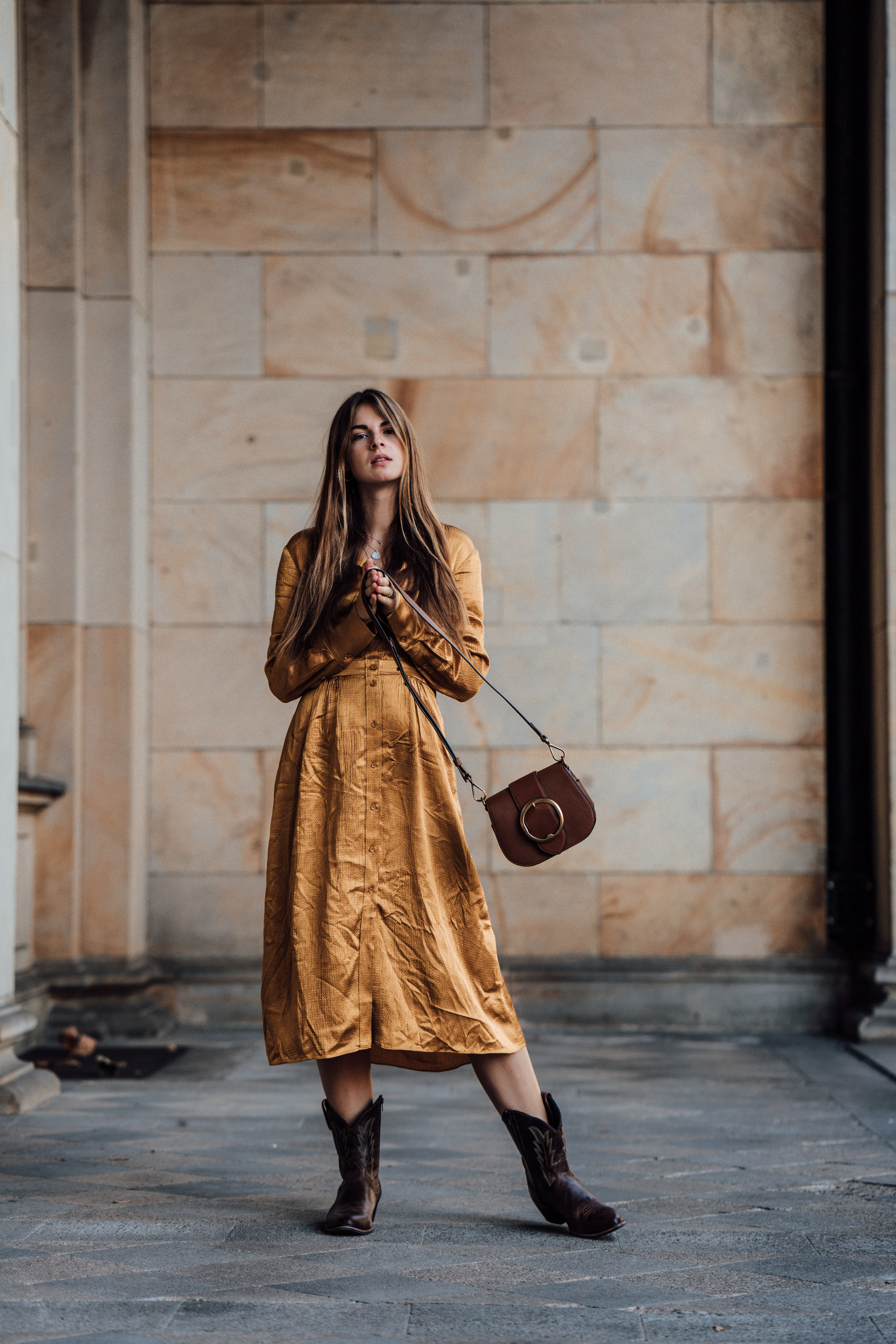 Midi Dress Combined With Cowboy Boots Fashionblog Berlin Mustard Dress Cowboy Boots 5