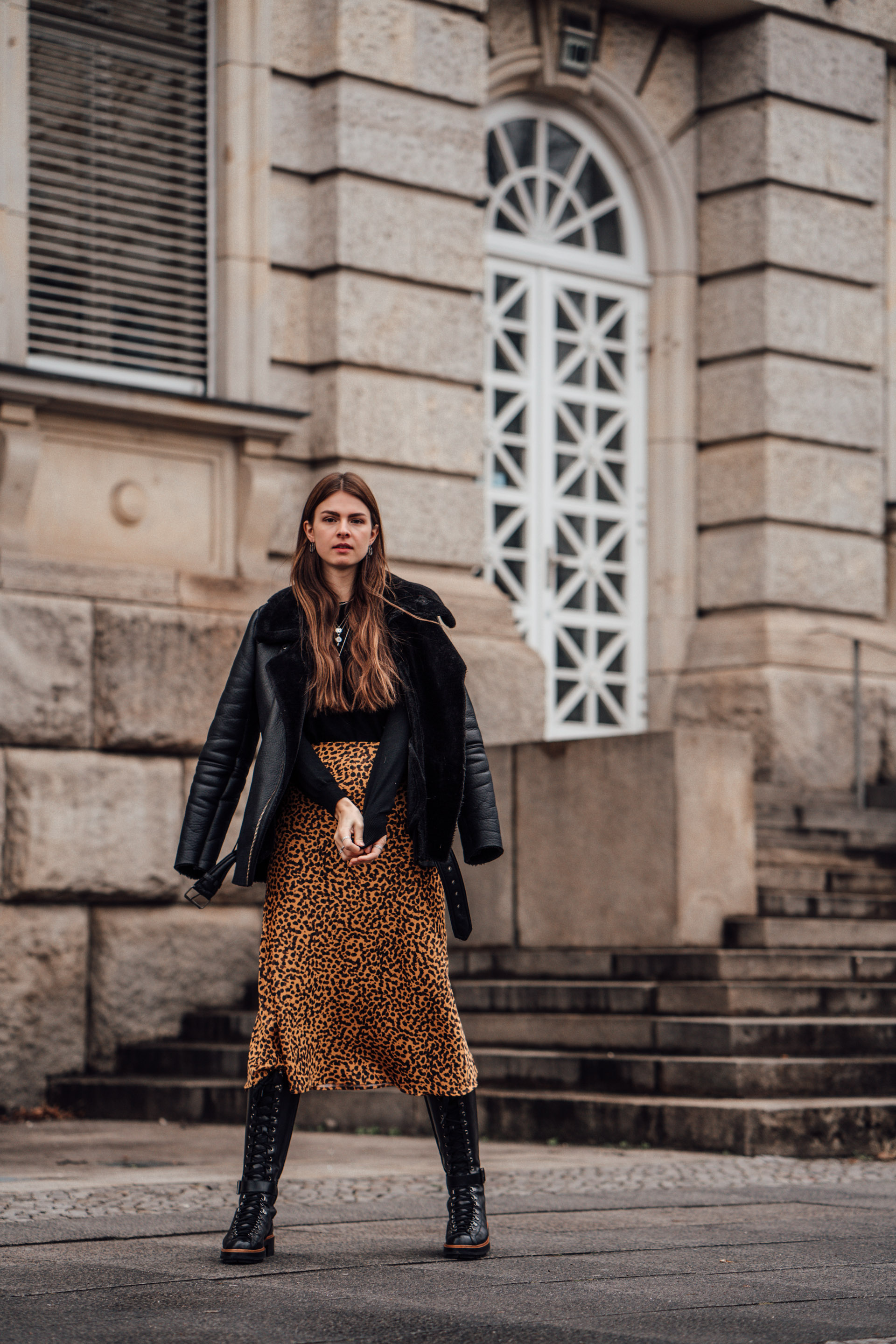 Winter Outfit with Midi  Skirt Shearling Jacket and 
