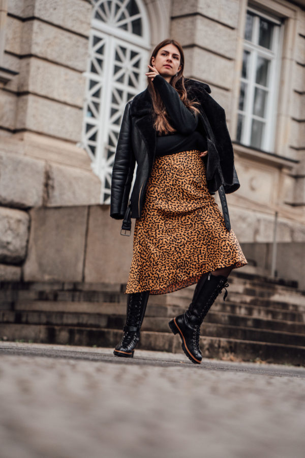 Winter Outfit with Midi Skirt, Shearling Jacket and Leather Boots