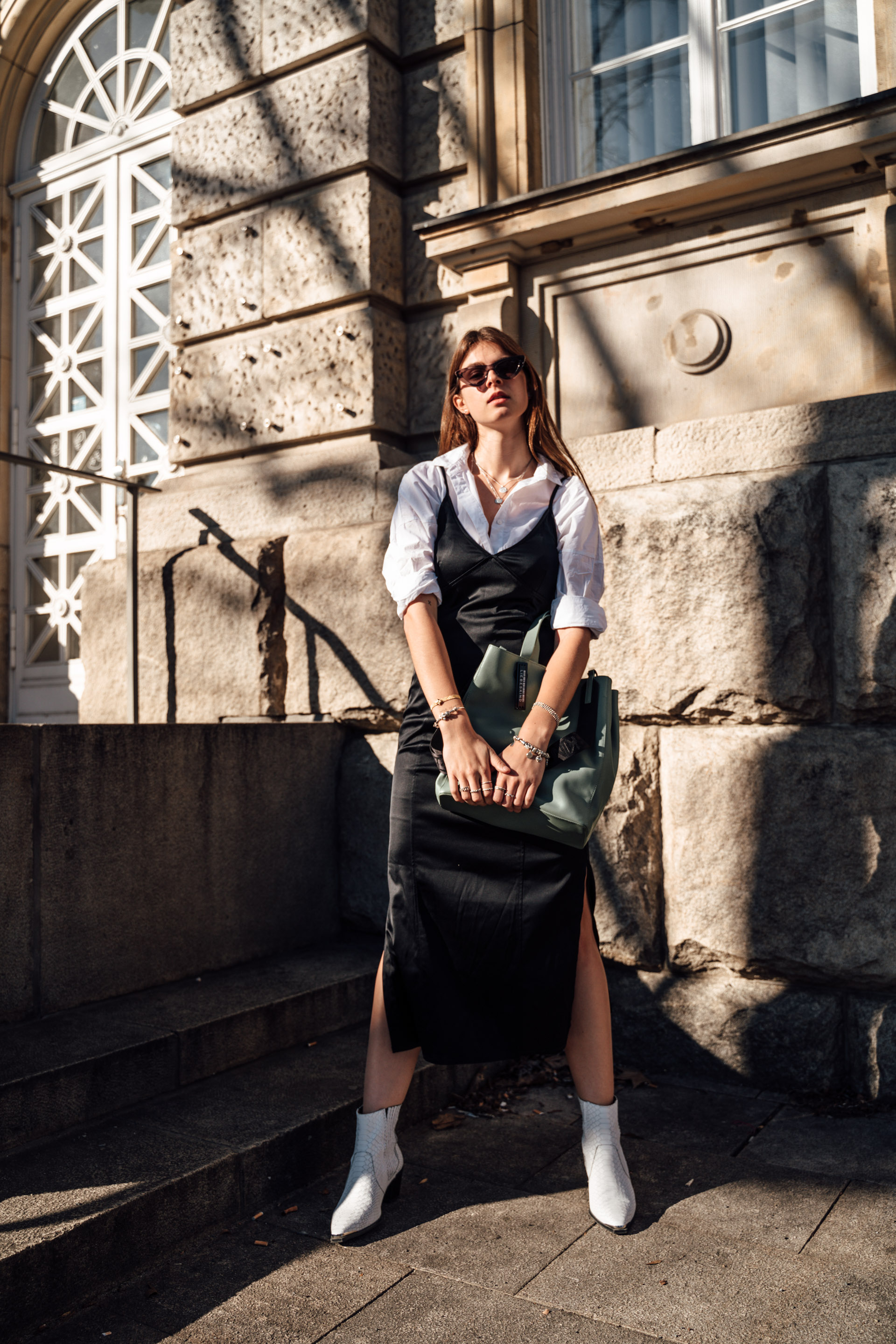 black slip dress with white shirt