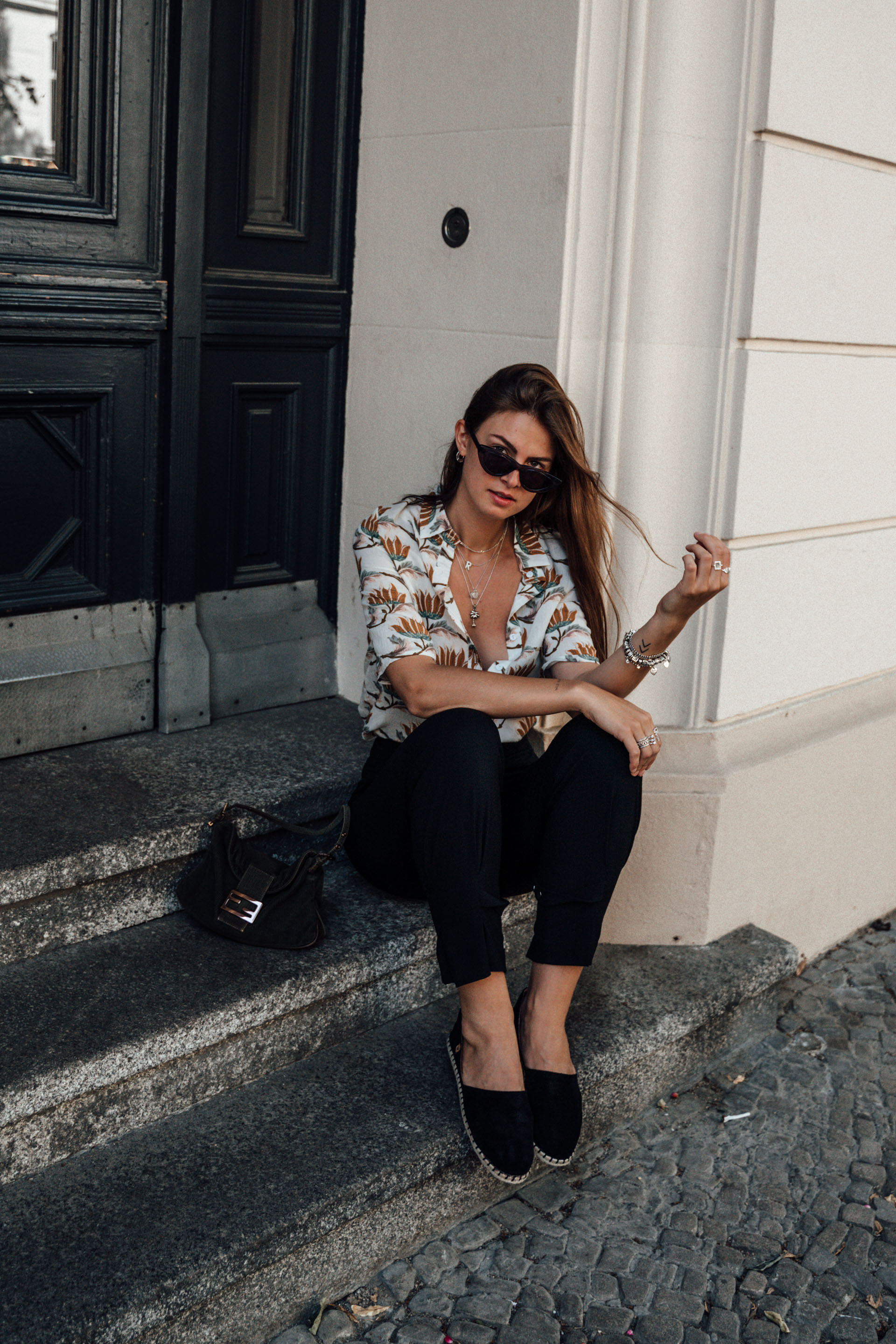 Casual Outfit: black pants and shirt with floral print