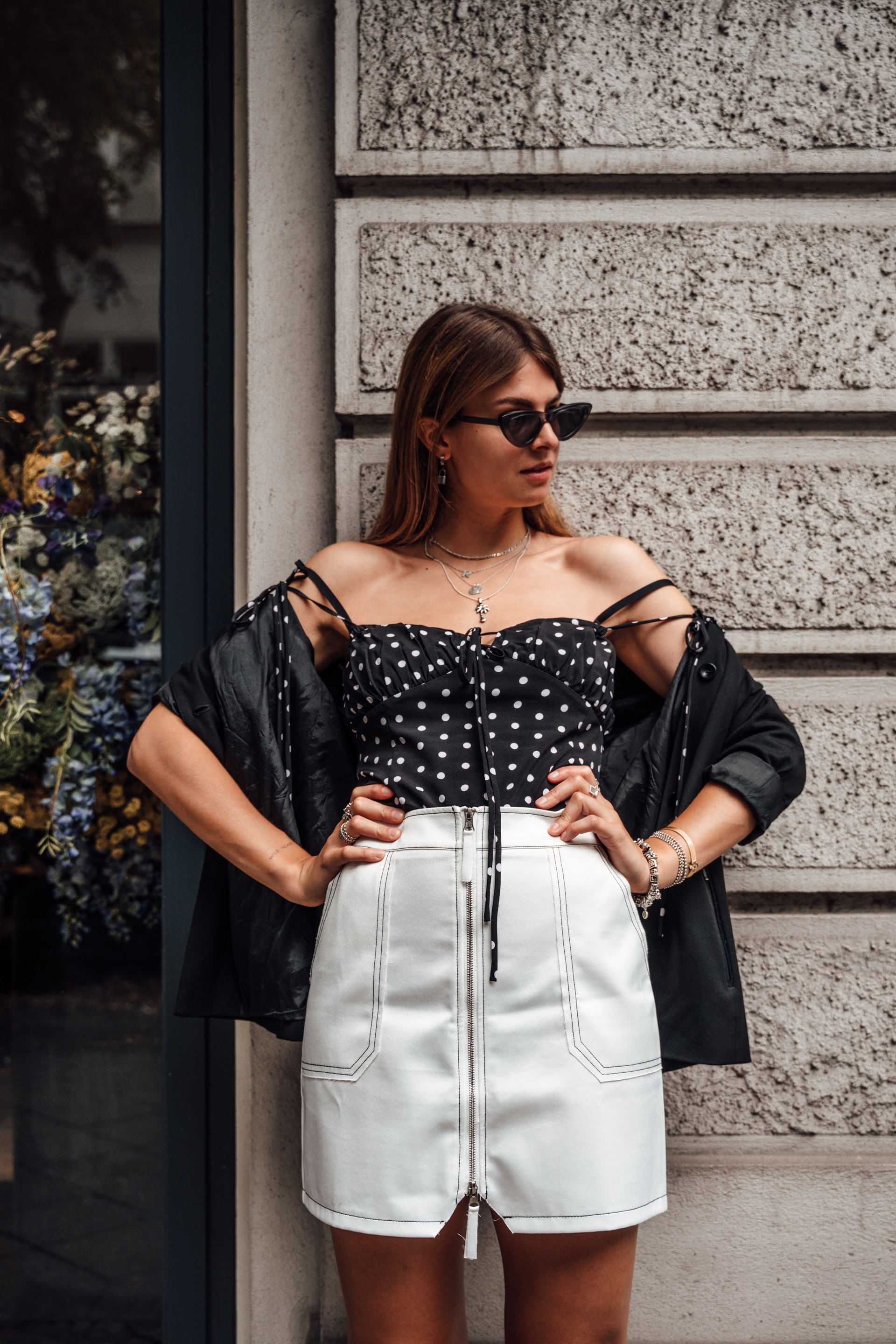 white polka dot top outfit