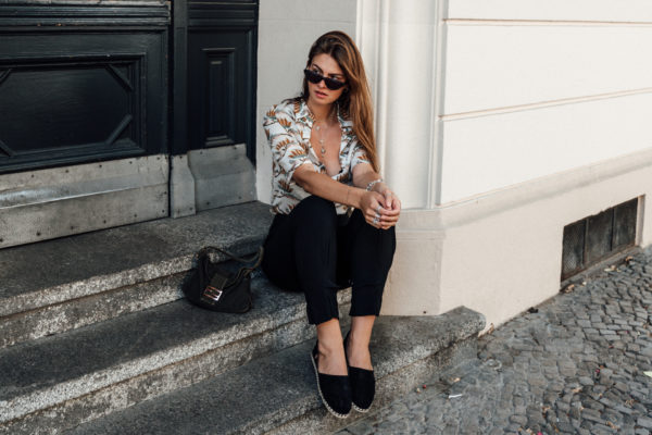 Casual Outfit: black pants and shirt with floral print