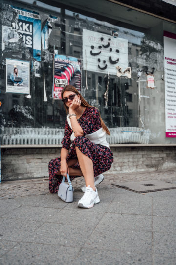 combining midi dresses and sneakers