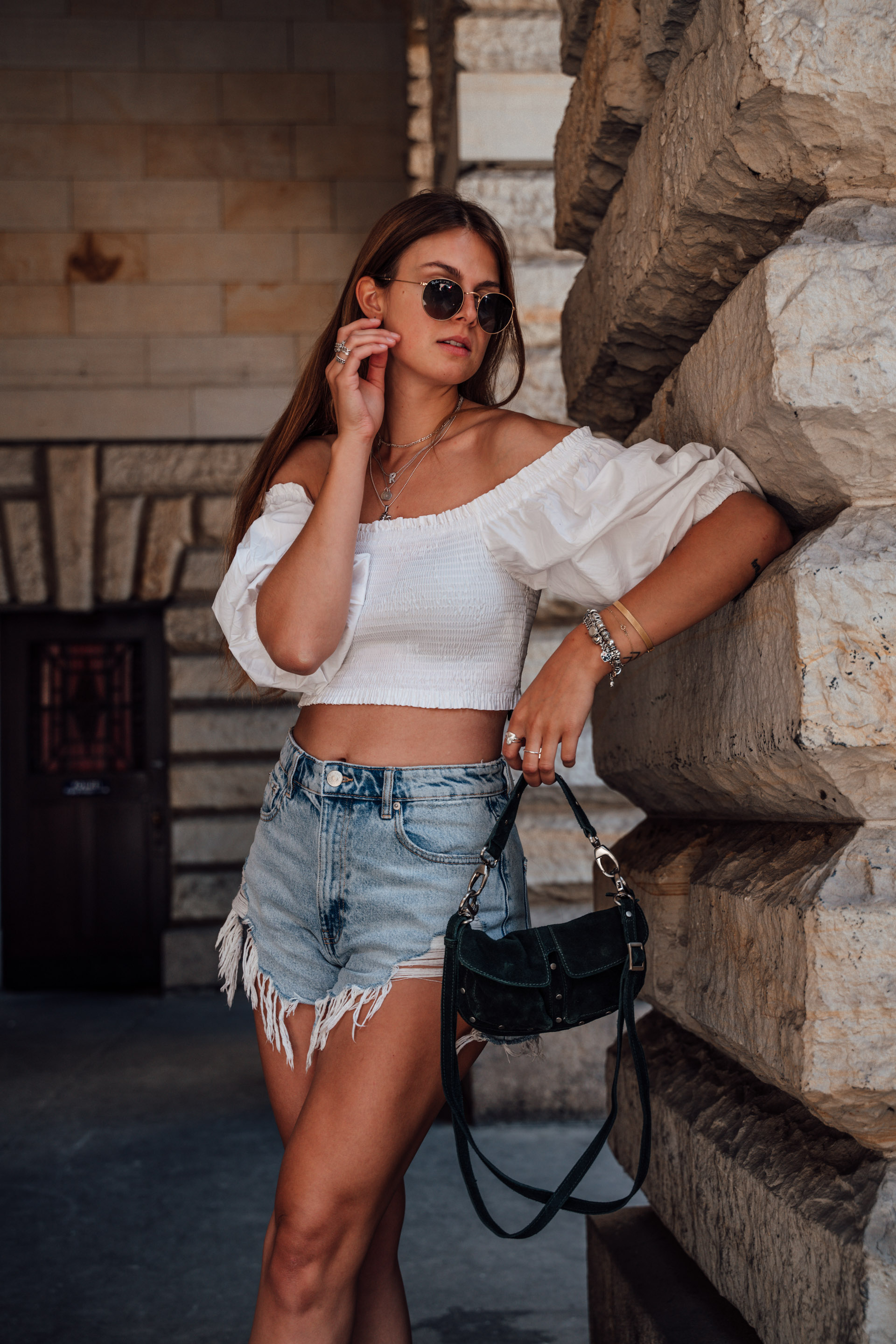 off shoulder and shorts outfit