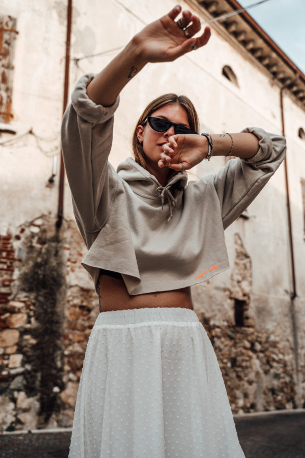 Cropped Hoodie combined with an Asymmetric Skirt