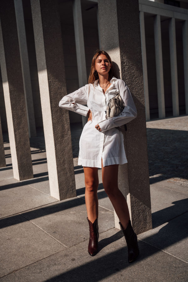 white dress with brown boots