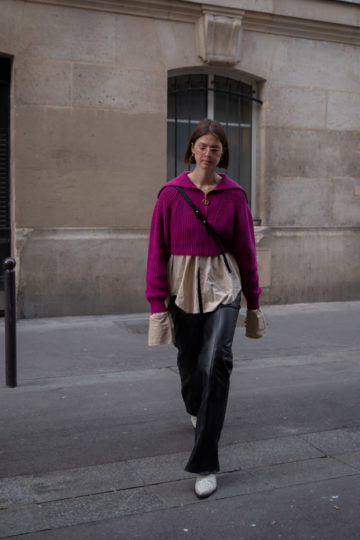 Cropped knit over oversized shirt